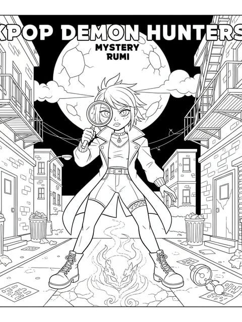 Dibujo para colorear de Rumi de KPOP Demon Hunters con lupa cazando un demonio oculto en un callejón