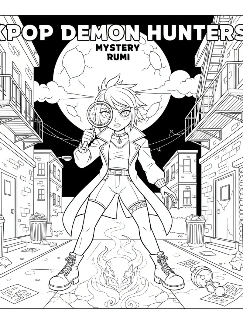 KPOP Demon Hunters mystery theme Rumi with magnifying glass hunting hidden demon in dark alley