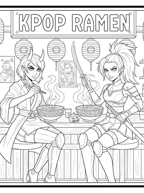 Dibujo para colorear de Zoey y Mira de KPOP Demon Hunters en una tienda de ramen con cuencos humeantes