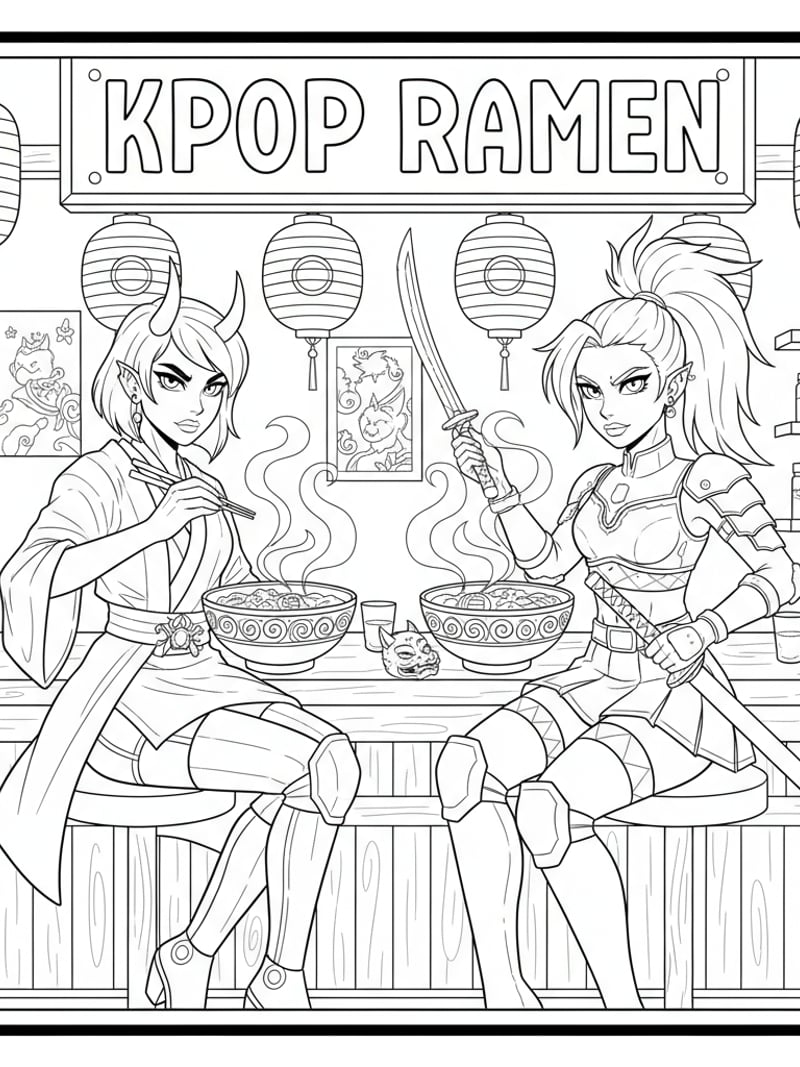 KPOP Demon Hunters Zoey and Mira at ramen shop with steam and bowls in cozy scene