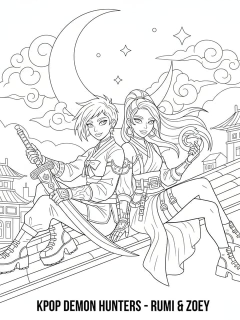 Dibujo para colorear de Rumi y Zoey de KPOP Demon Hunters sentadas en una azotea bajo la luna