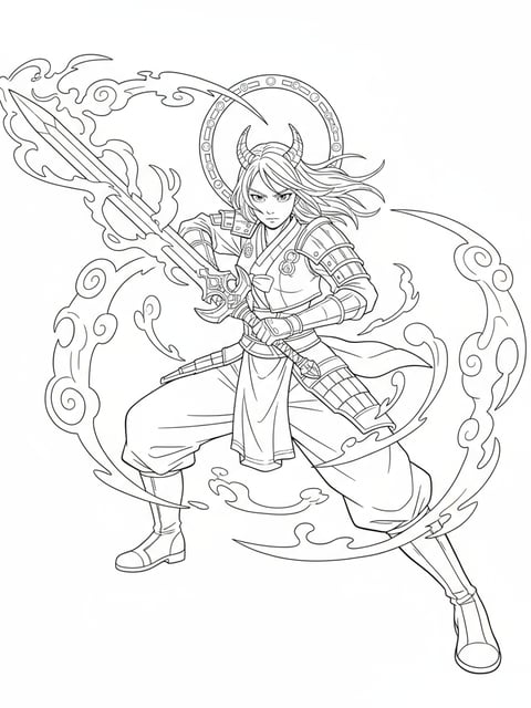 Dibujo para colorear de Rumi de KPOP Demon Hunters en postura de combate con espada mágica y energía mística
