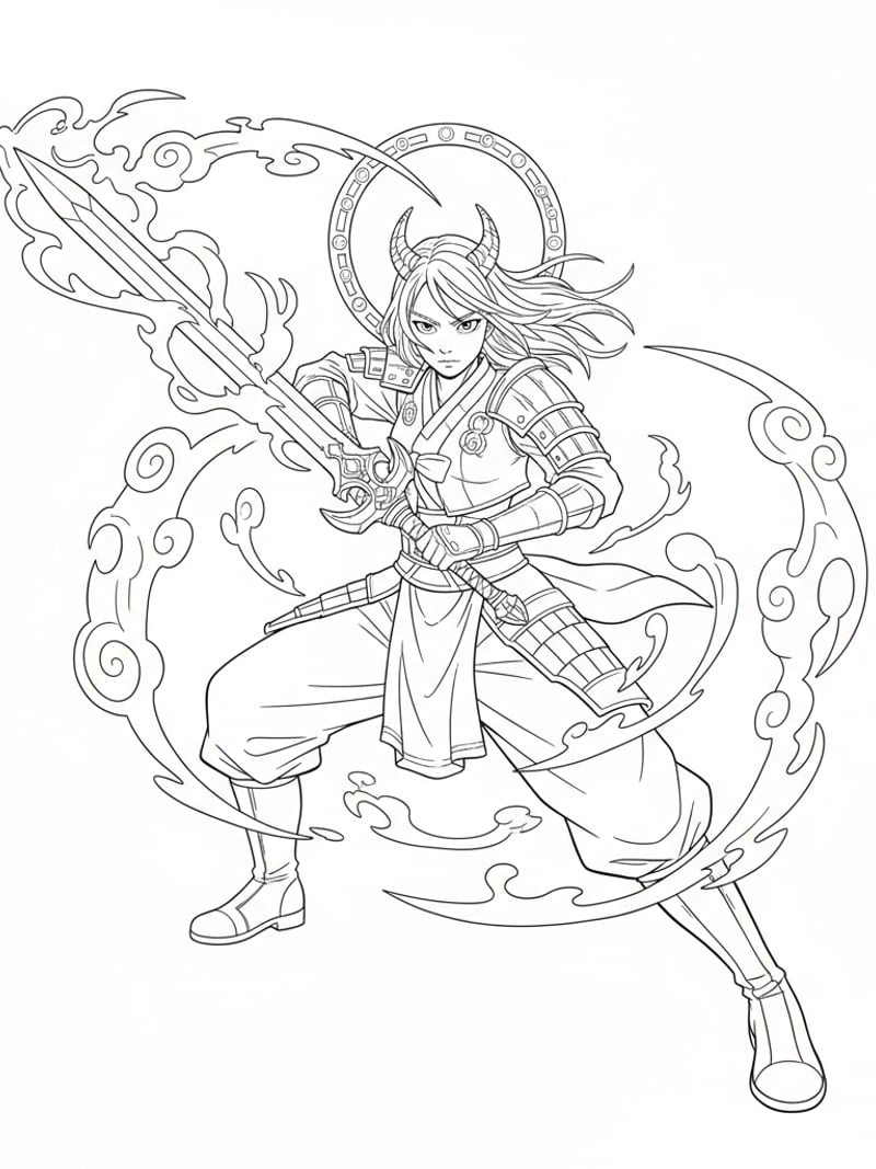 Rumi from KPOP Demon Hunters in powerful fighting stance with magical sword surrounded by mystical energy