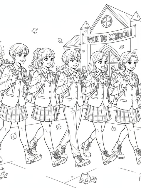 Dibujo para colorear de personajes de KPOP Demon Hunters con uniformes escolares y mochilas