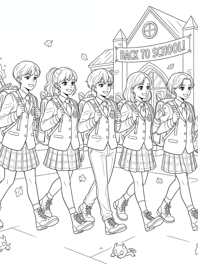 KPOP Demon Hunters characters in school uniforms with backpacks walking together