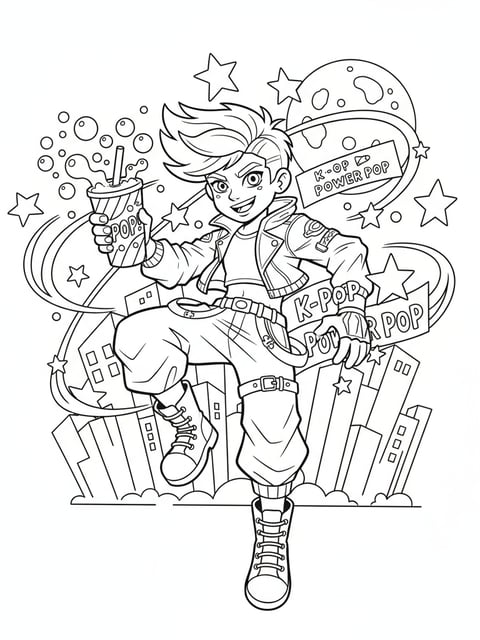 Dibujo para colorear de Soda Pop de KPOP Demon Hunters sosteniendo una bebida mágica con estrellas