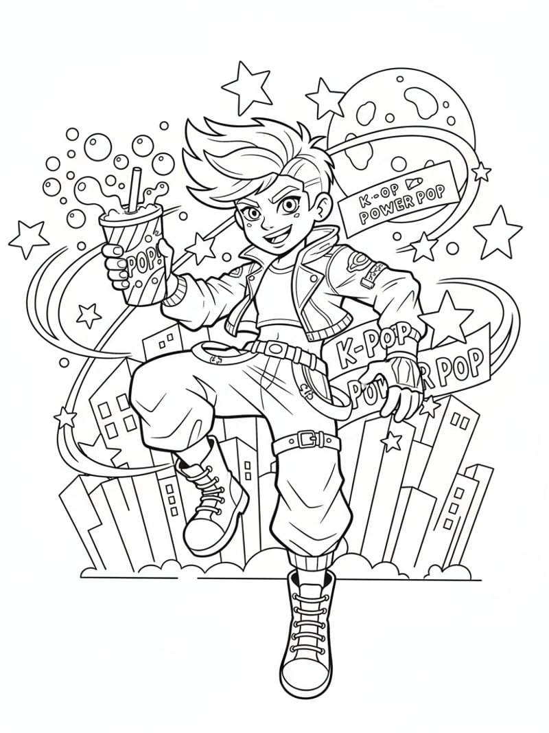 KPOP Demon Hunters Soda Pop character holding magical drink with stars in energetic pose