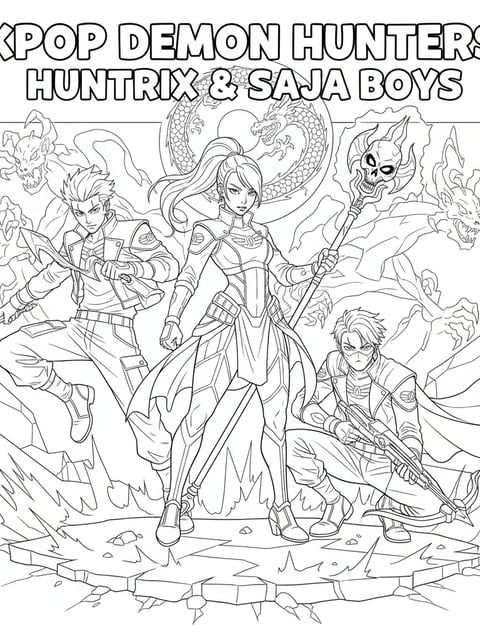 Dibujo para colorear de Huntrix y Saja Boys de K-pop Demon Hunters en una pose de equipo, listos para la batalla