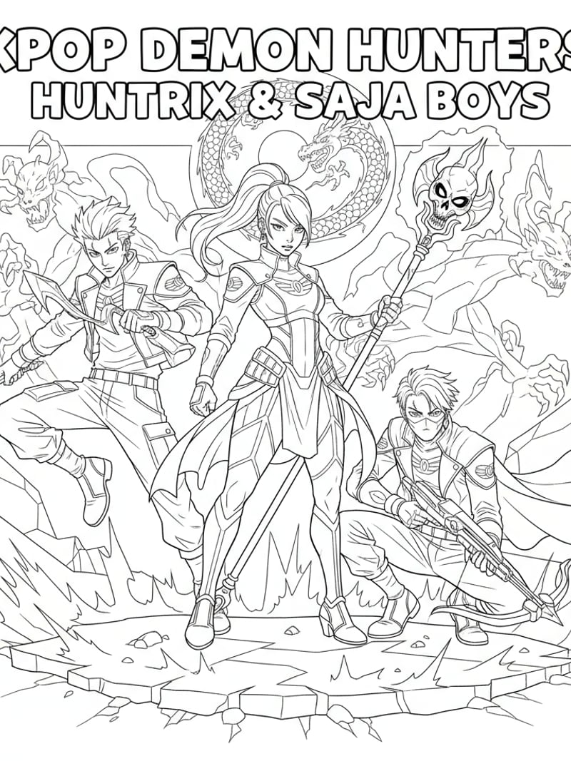 KPOP Demon Hunters Huntrix and Saja Boys in superhero team pose ready for battle