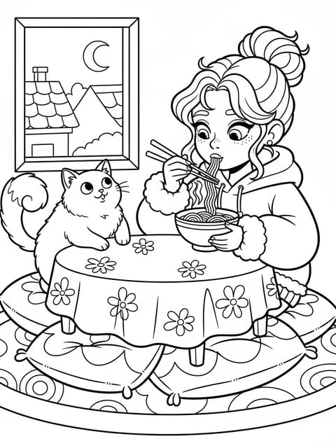 Dibujo para colorear de Zoey de KPOP Demon Hunters comiendo ramen con un gato en una escena acogedora