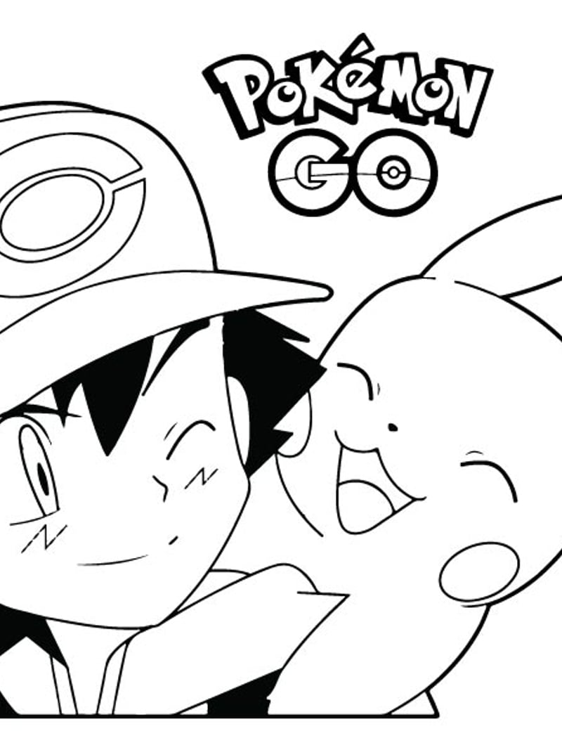 Ash Ketchum with Pikachu jumping beside him in line art
