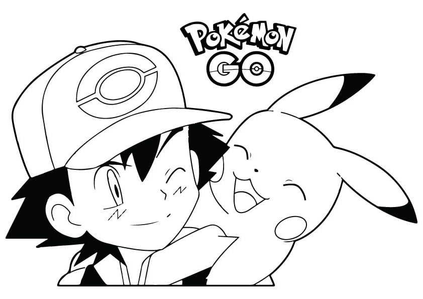 Ash Ketchum with Pikachu jumping beside him in line art