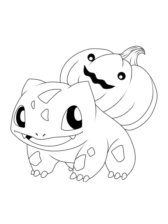 Bulbasaur wearing a pumpkin hat holding a treat bucket in a coloring sheet