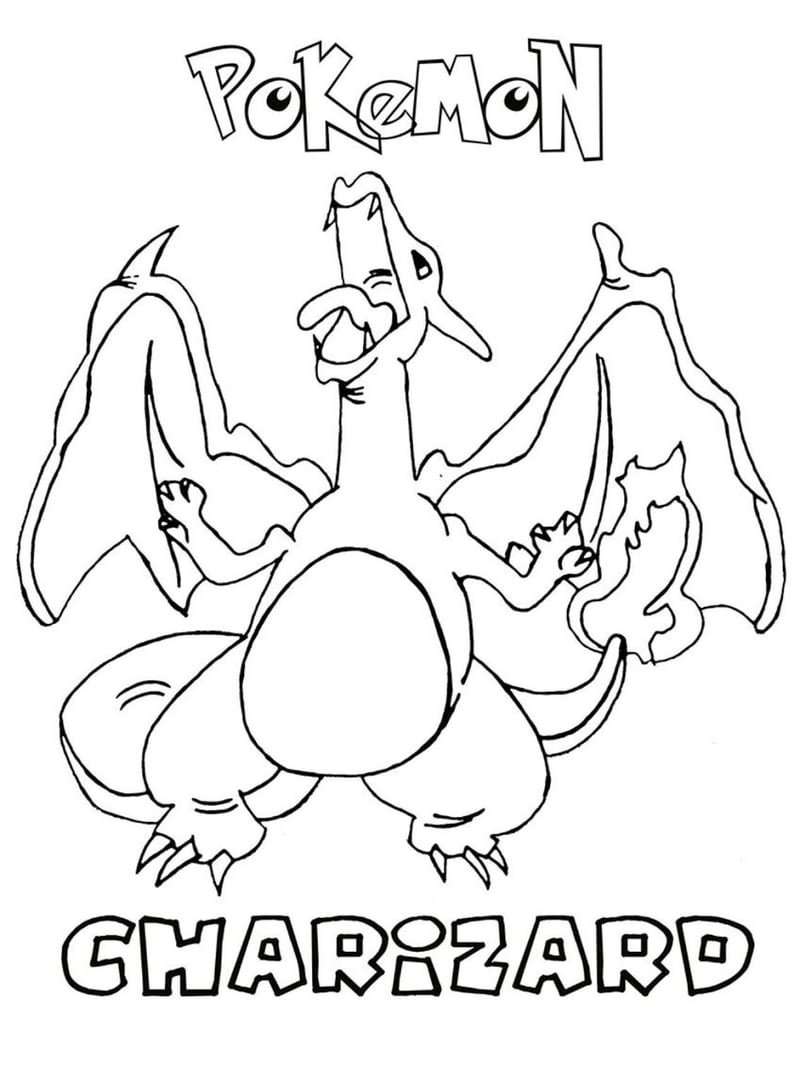 Charizard flying while breathing a stream of fire in coloring page line art