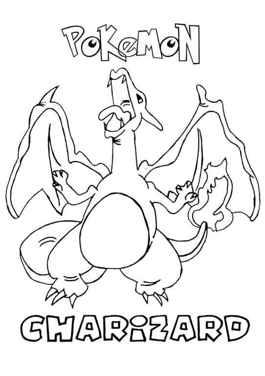 Charizard flying while breathing a stream of fire in coloring page line art