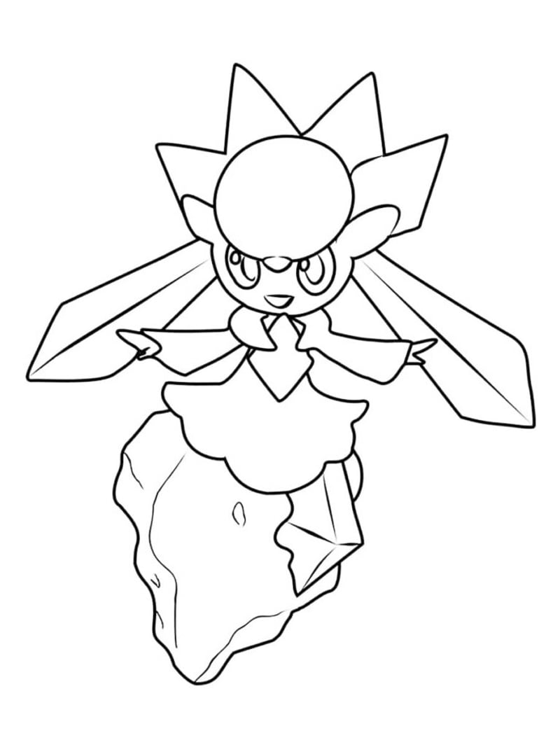Diancie floating with gemstone wings in detailed line art