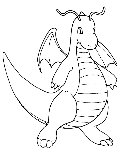 Dragonite flying in the clouds illustrated as a coloring outline