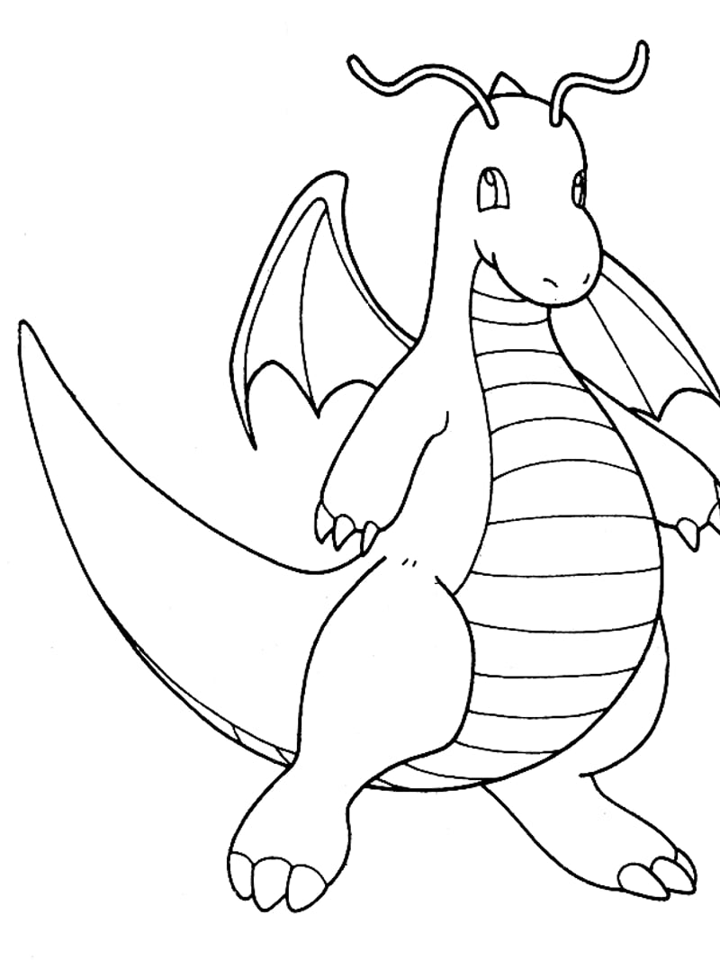 Dragonite flying in the clouds illustrated as a coloring outline