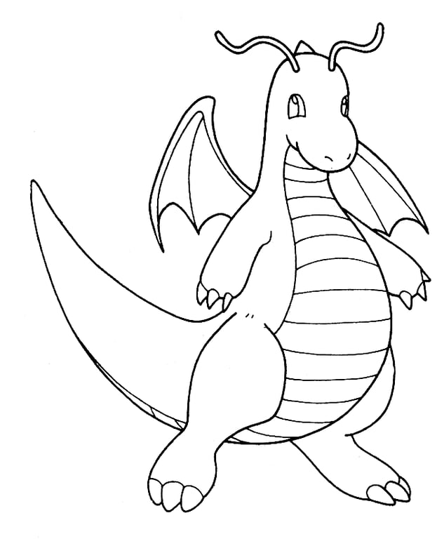 Dragonite flying in the clouds illustrated as a coloring outline