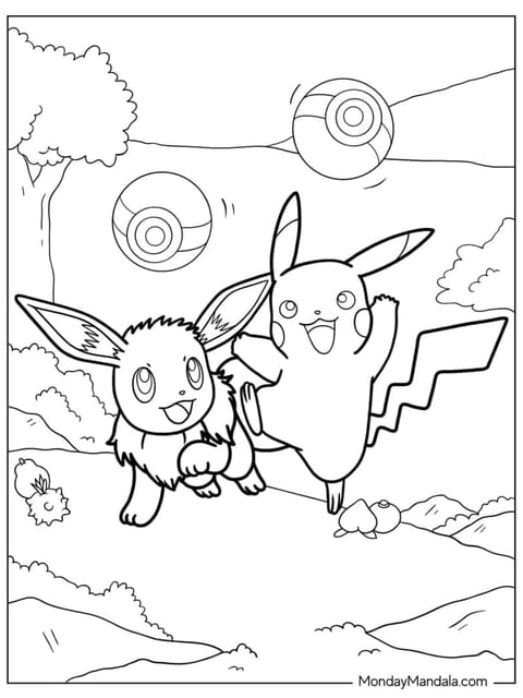 Eevee sitting close to Pikachu with hearts in a printable outline
