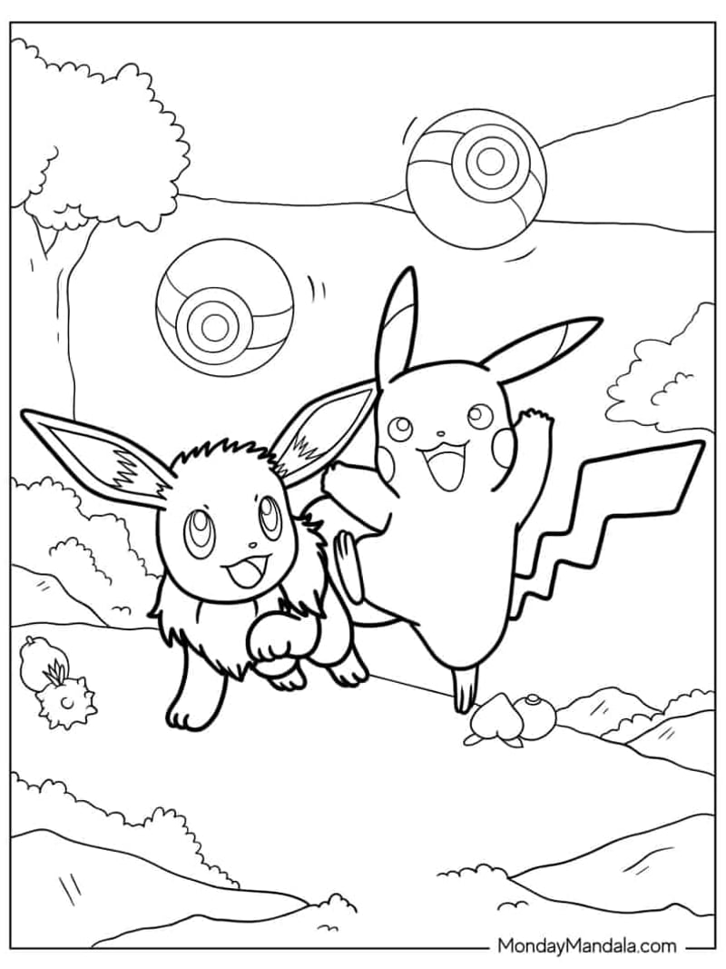 Eevee sitting close to Pikachu with hearts in a printable outline