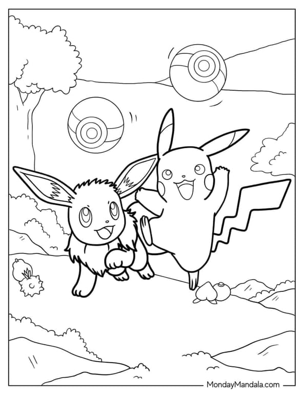 Eevee sitting close to Pikachu with hearts in a printable outline