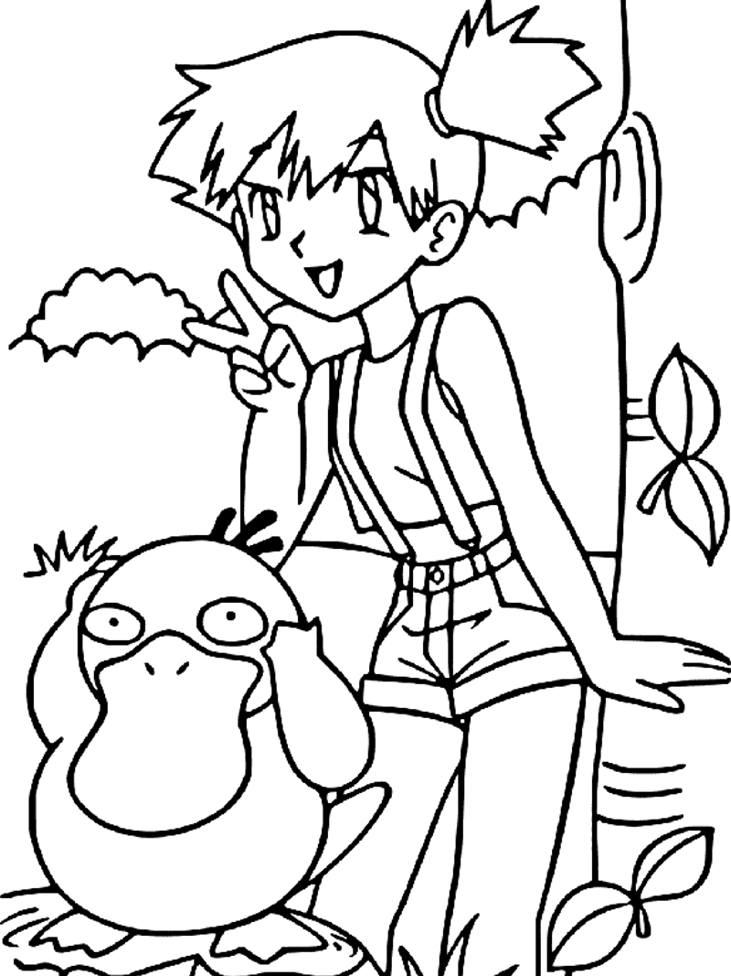 Misty holding a Poké Ball with Psyduck beside her in line art
