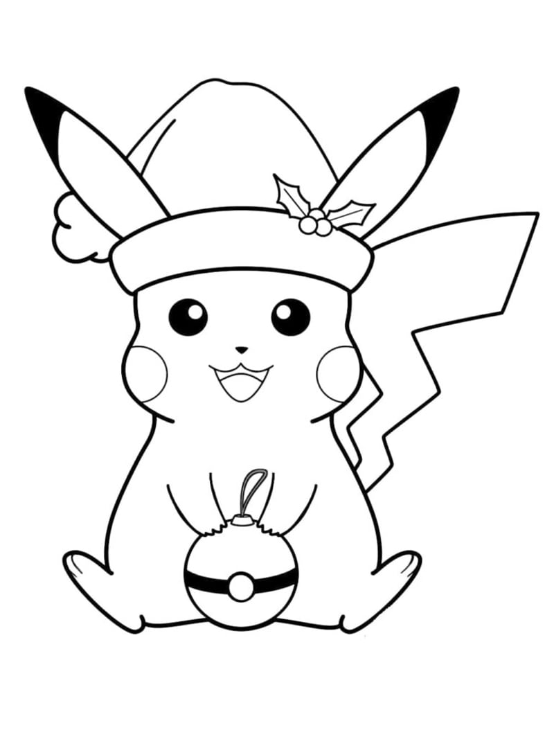 Pikachu wearing a Santa hat in holiday themed coloring line art