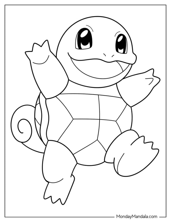 Squirtle smiling with arms open in printable line art