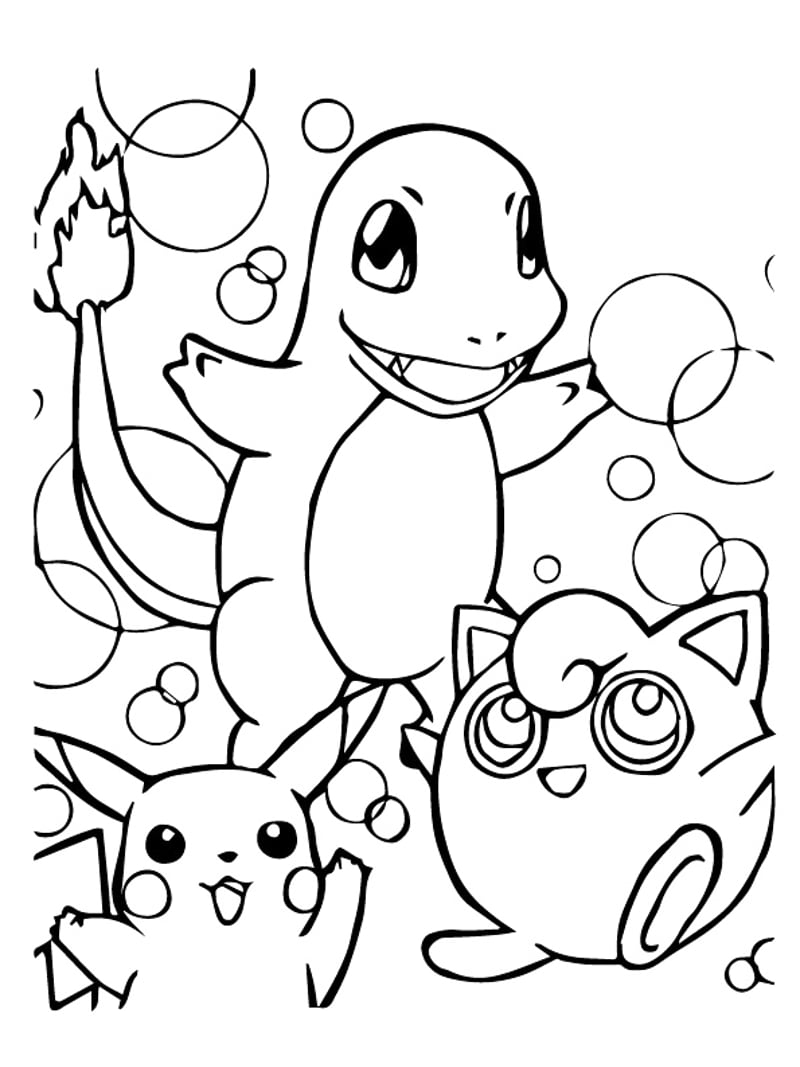Charmander, Jigglypuff, and Pikachu grouped together in coloring page line art