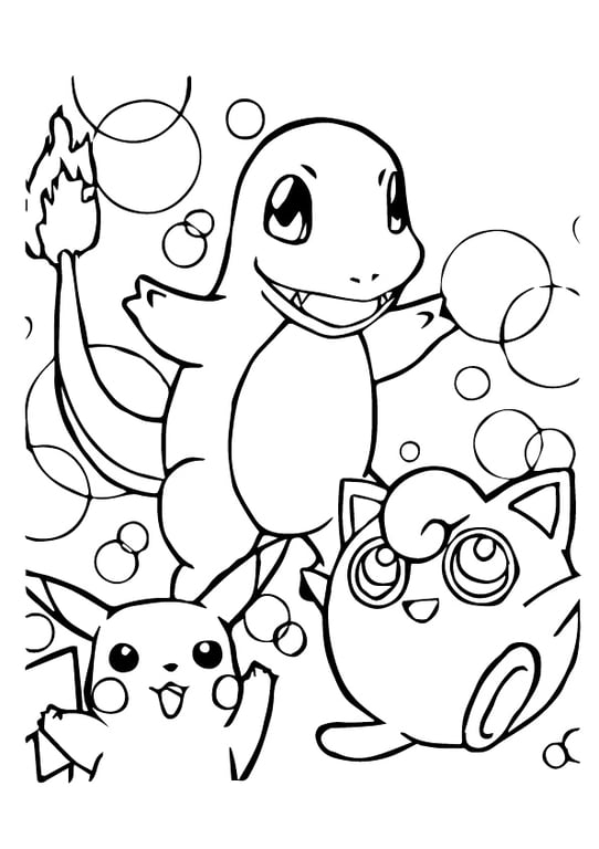 Charmander, Jigglypuff, and Pikachu grouped together in coloring page line art