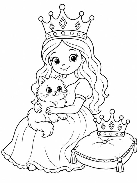 princess with fluffy cat coloring page