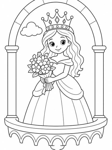 princess on balcony with bouquet coloring page