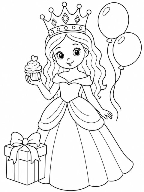 princess birthday cupcake coloring page