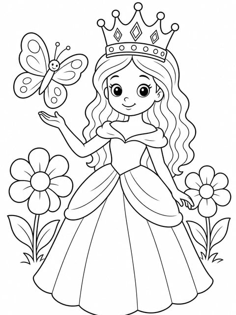 princess with butterfly and flowers coloring page