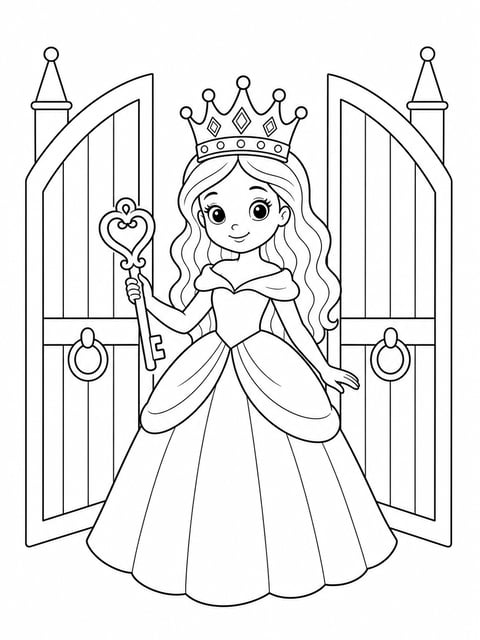 princess at castle gate with key coloring page