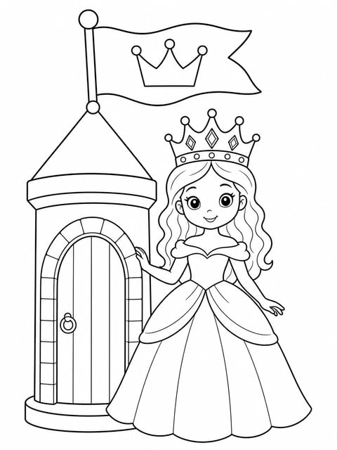 princess by castle tower printable coloring page