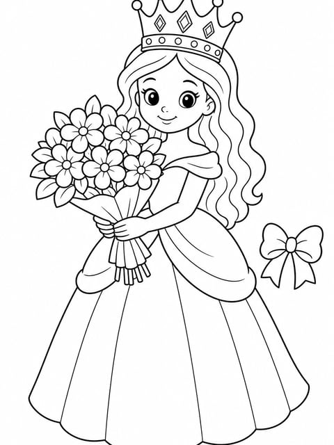 princess with flower bouquet coloring page
