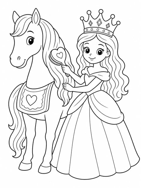 princess brushing gentle horse coloring page