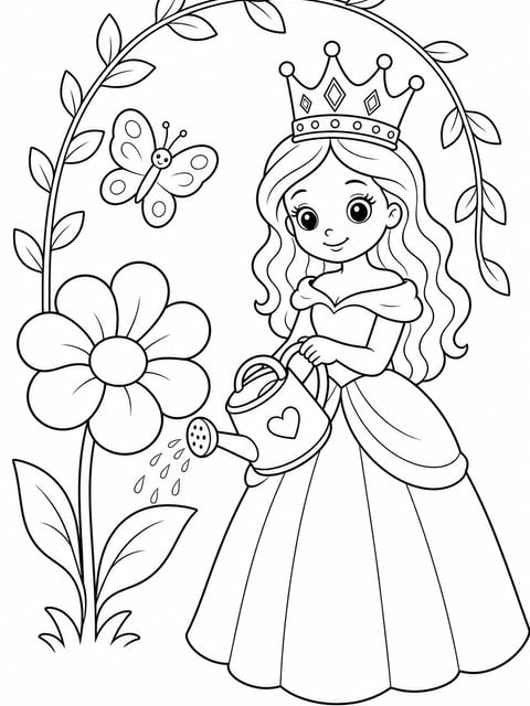 princess watering giant flower garden coloring page