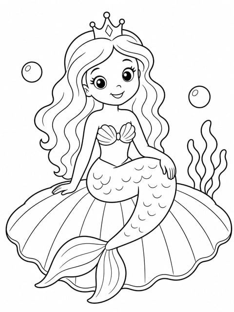 mermaid princess on seashell coloring page