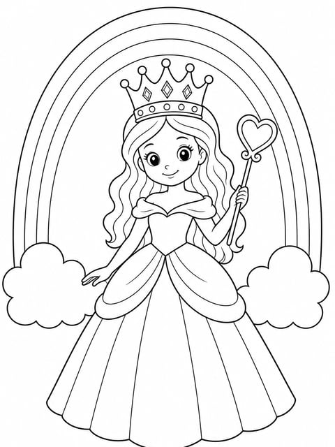 princess with rainbow heart wand coloring page