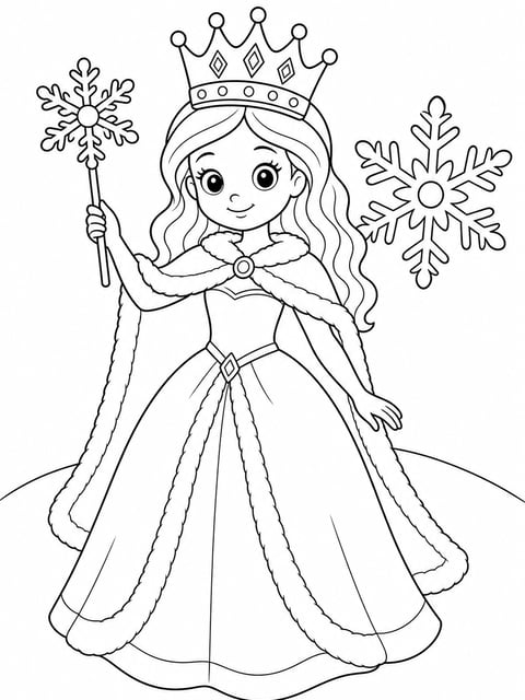 winter princess with snowflake wand coloring page