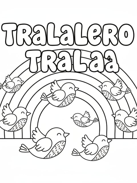 Tralalero Tralala con pájaros y fondo de arcoíris en un dibujo fácil para colorear
