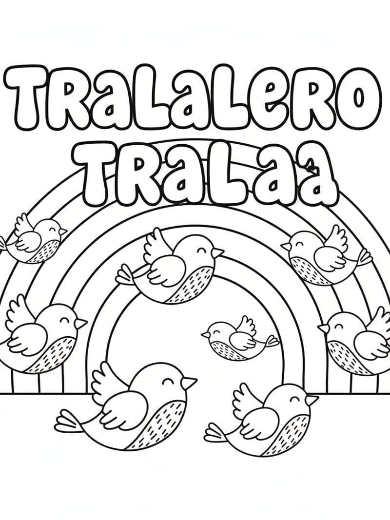 Tralalero Tralala with flock of birds and rainbow background bold outlines easy coloring page