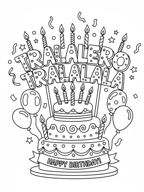 Tralalero Tralala como adorno de pastel de cumpleaños con velas y decoración festiva para colorear