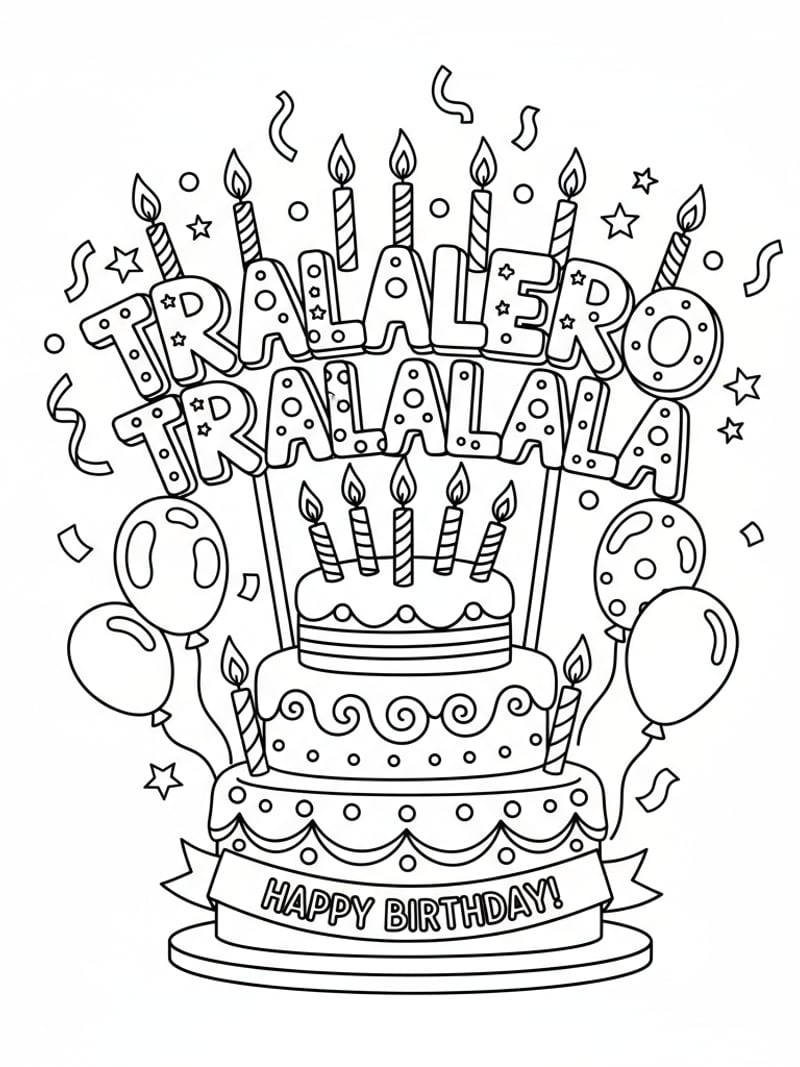 Tralalero Tralala birthday cake topper with candles and festive decorations celebration coloring page