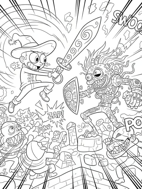 Tralalero Tralala en una batalla con personajes Brainrot y líneas de acción de cómic para colorear