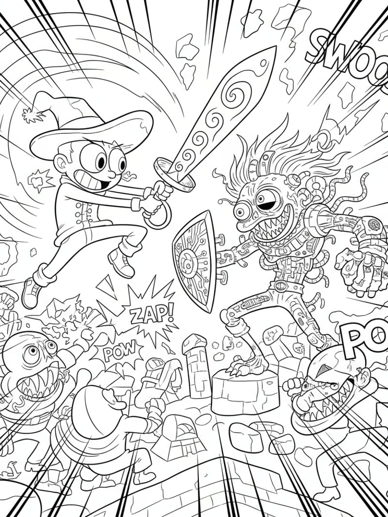 Tralalero Tralala and Brainrot characters battle scene with dramatic poses comic action lines coloring page