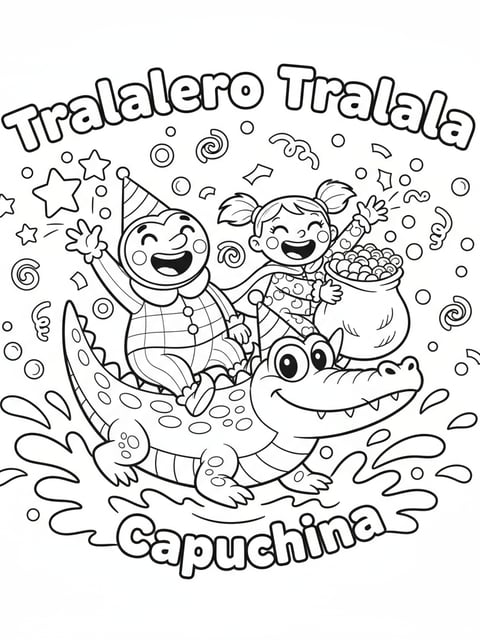 Tralalero Tralala y Capuchina montando un cocodrilo con confeti en una escena para colorear